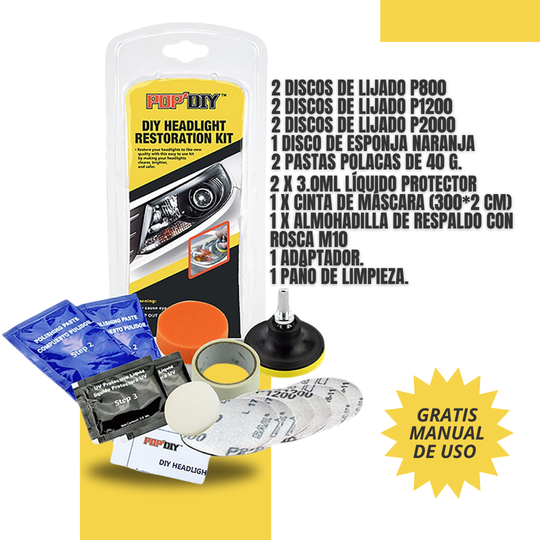 KIT PARA TALADRO Y PULIDORA RESTAURADOR DE FAROLAS PARA CARROS Y MOTOS