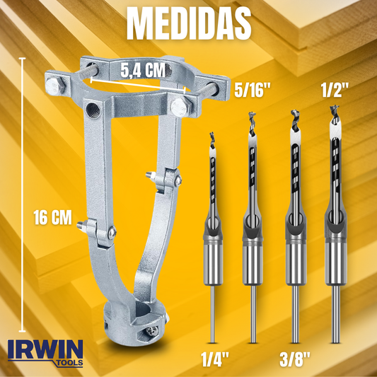 ADAPTADOR IRWIN TOOLS® PARA TALADRO MORTAJADORA + BROCAS GIRATORIAS CUADRADAS (1/4” - 5/16” - 3/8” – 1/2”)