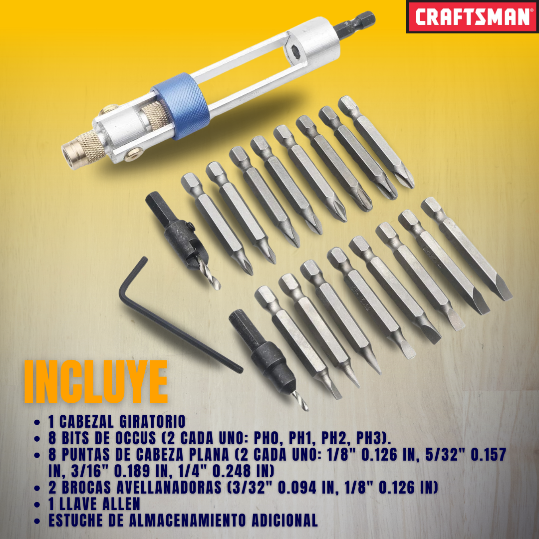 CABEZAL GIRATORIO DE CAMBIO RÁPIDO CRAFTSMAN® + SET DE PUNTAS DESTORNILLADORES GRATIS