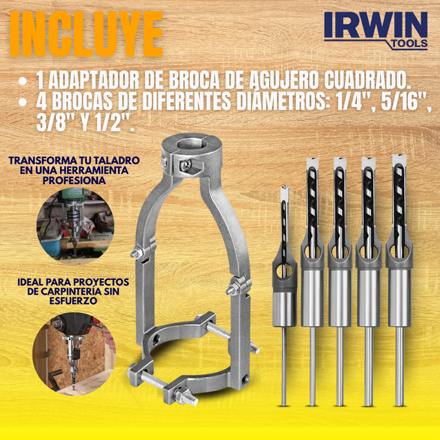 ADAPTADOR IRWIN TOOLS® PARA TALADRO MORTAJADORA + BROCAS GIRATORIAS CUADRADAS (1/4” - 5/16” - 3/8” – 1/2”)