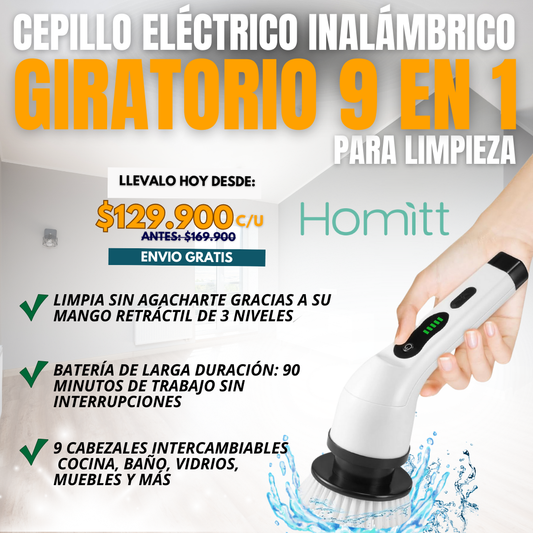 CEPILLO ELÉCTRICO INALÁMBRICO GIRATORIO 9 EN 1 PARA LIMPIEZA HOMITT®