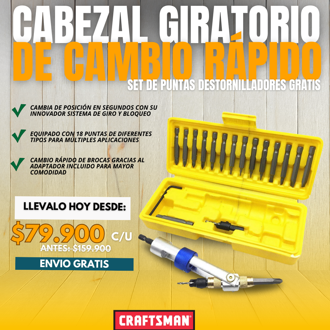 CABEZAL GIRATORIO DE CAMBIO RÁPIDO CRAFTSMAN® + SET DE PUNTAS DESTORNILLADORES GRATIS