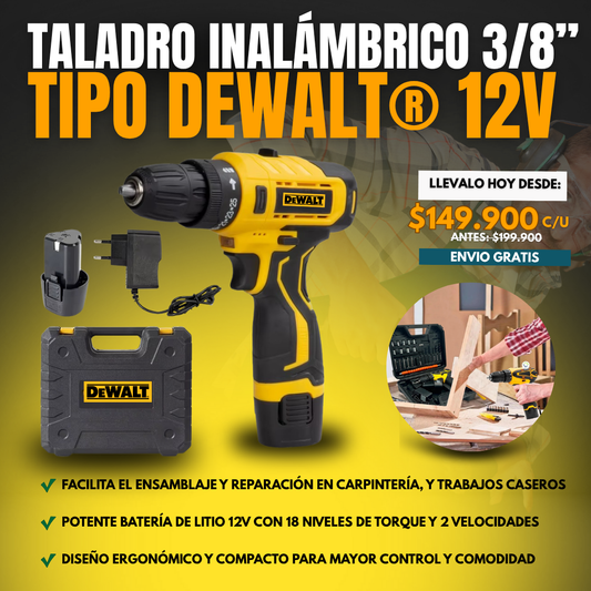 TALADRO INALÁMBRICO 3/8” TIPO DEWALT® 12V