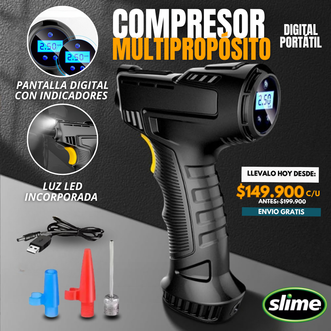 COMPRESOR MULTIPROPÓSITO DIGITAL PORTÁTIL SLIME®