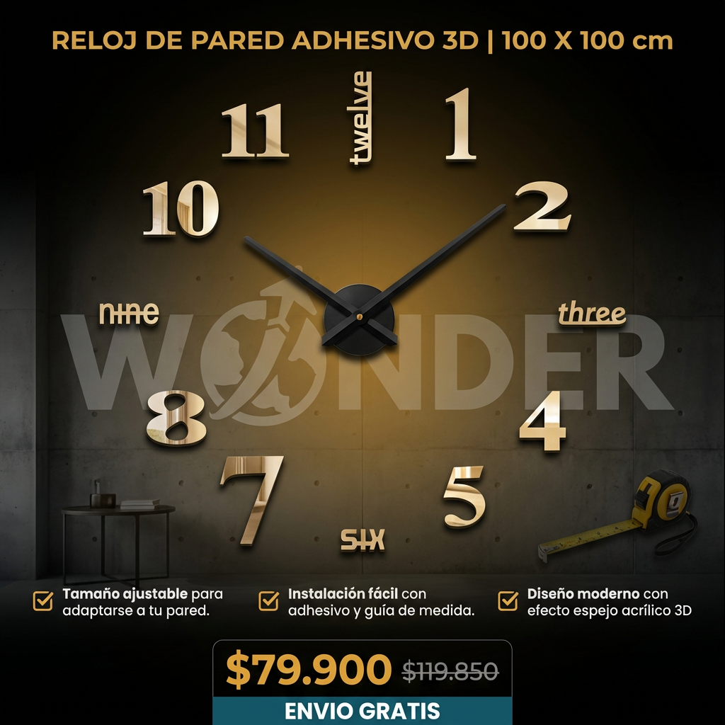 RELOJ DE PARED ADHESIVO 3D | 100 X 100 cm